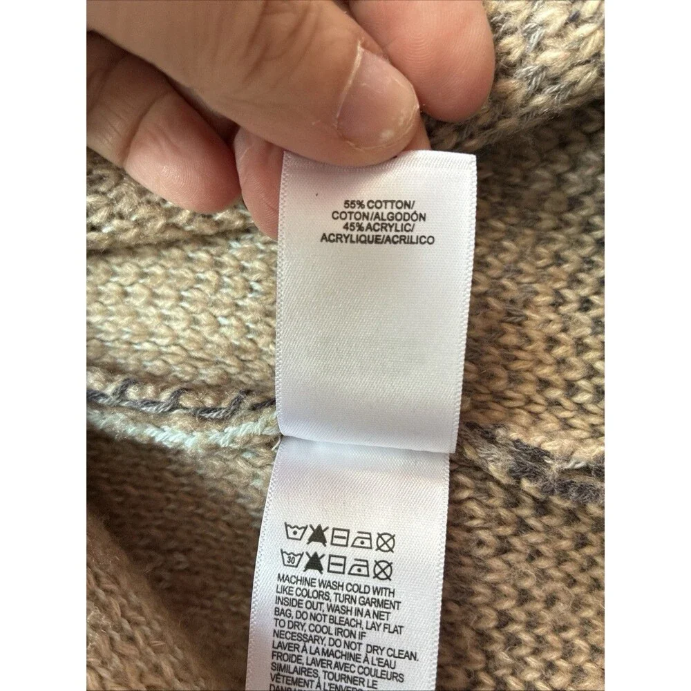 LUCKY BRAND Beige Fair Isle Print Open Front Tie Cardigan Sweater Womens size M - Picture 12 of 13